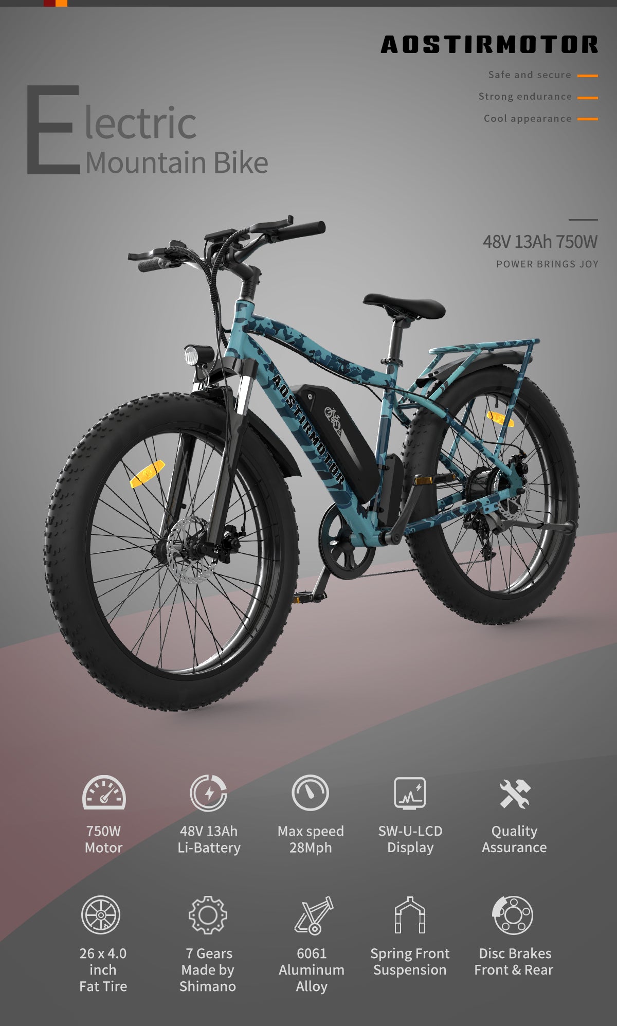 aostirmotor electric bicycle Commuter Electric Fat Tire Bike S07-F